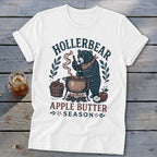 Bear making apple butter in a pot over a fire, text says "HOLIERBEAR APPLE BUTTER SEASON".