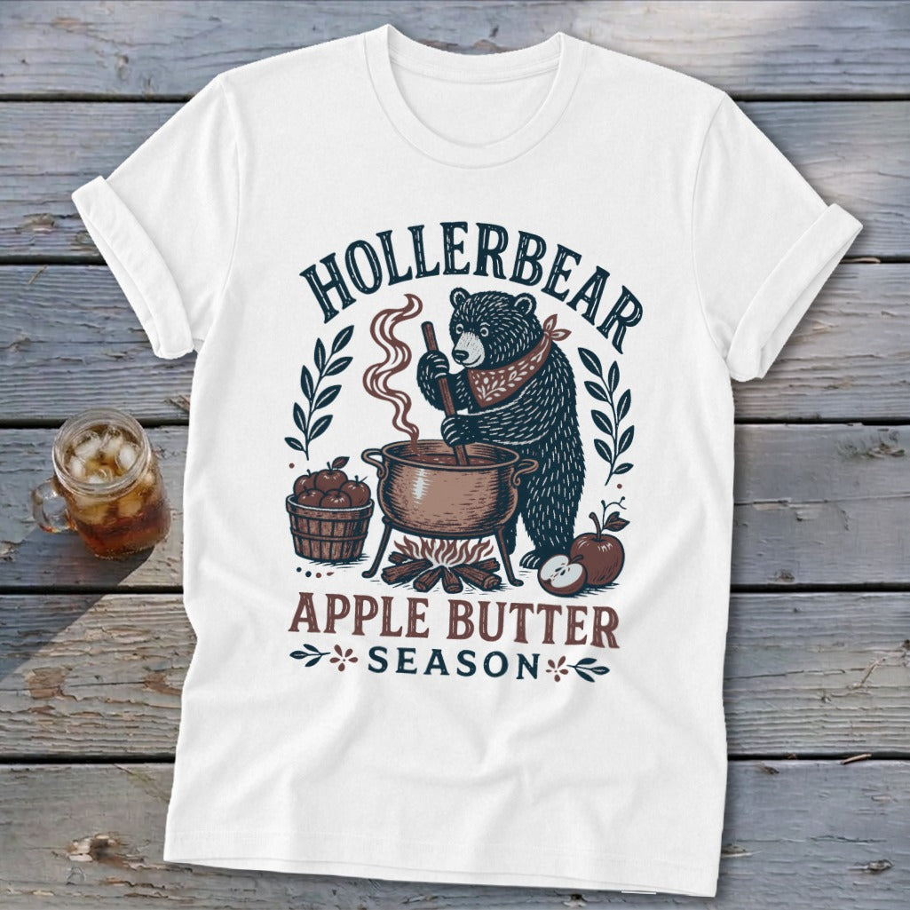 Bear making apple butter in a pot over a fire, text says "HOLIERBEAR APPLE BUTTER SEASON".