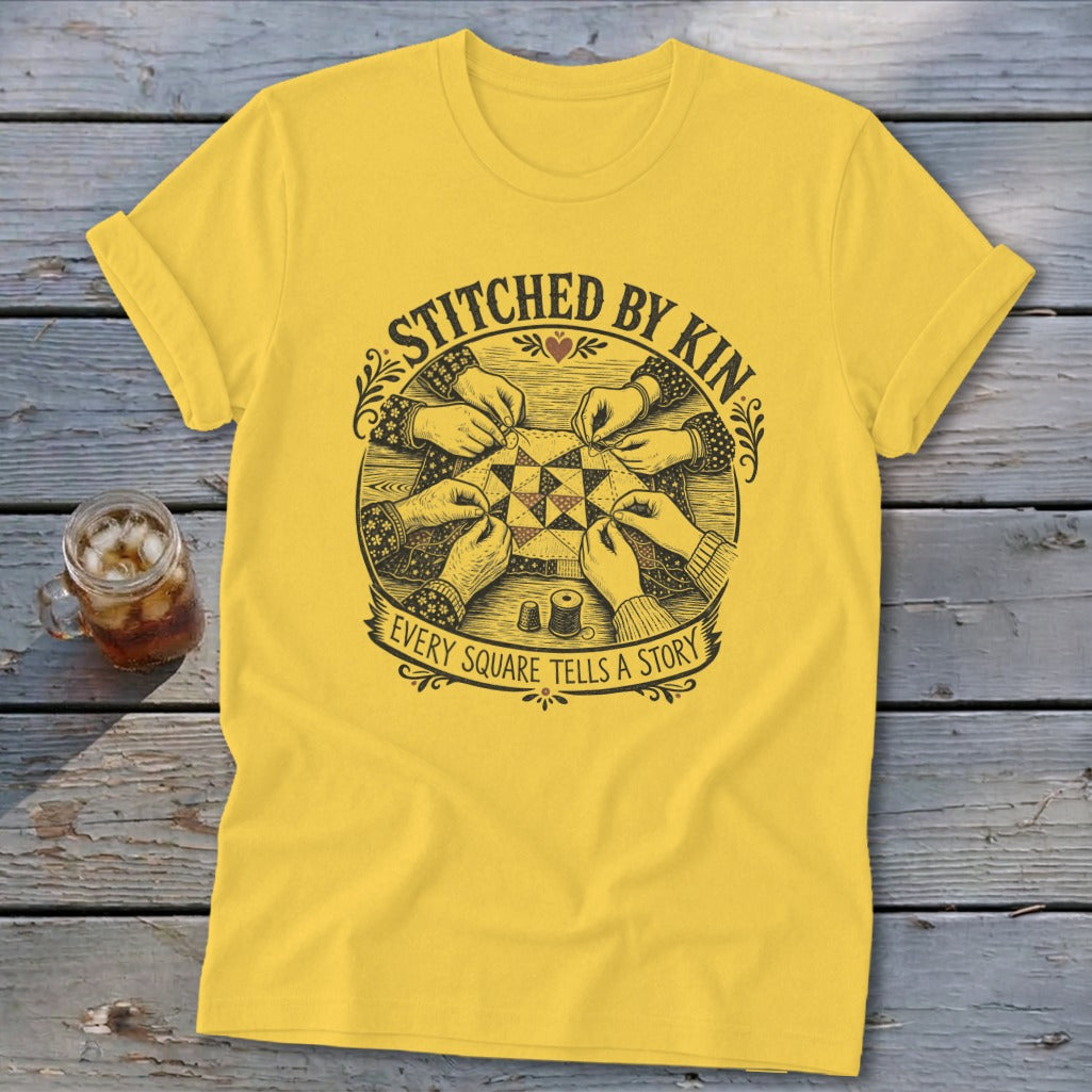 Yellow t-shirt with "Stitched by Kin" and "Every Square Tells a Story" text.
