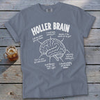 Gray t-shirt with "Holler Brain" text and a brain graphic with canning-related phrases.