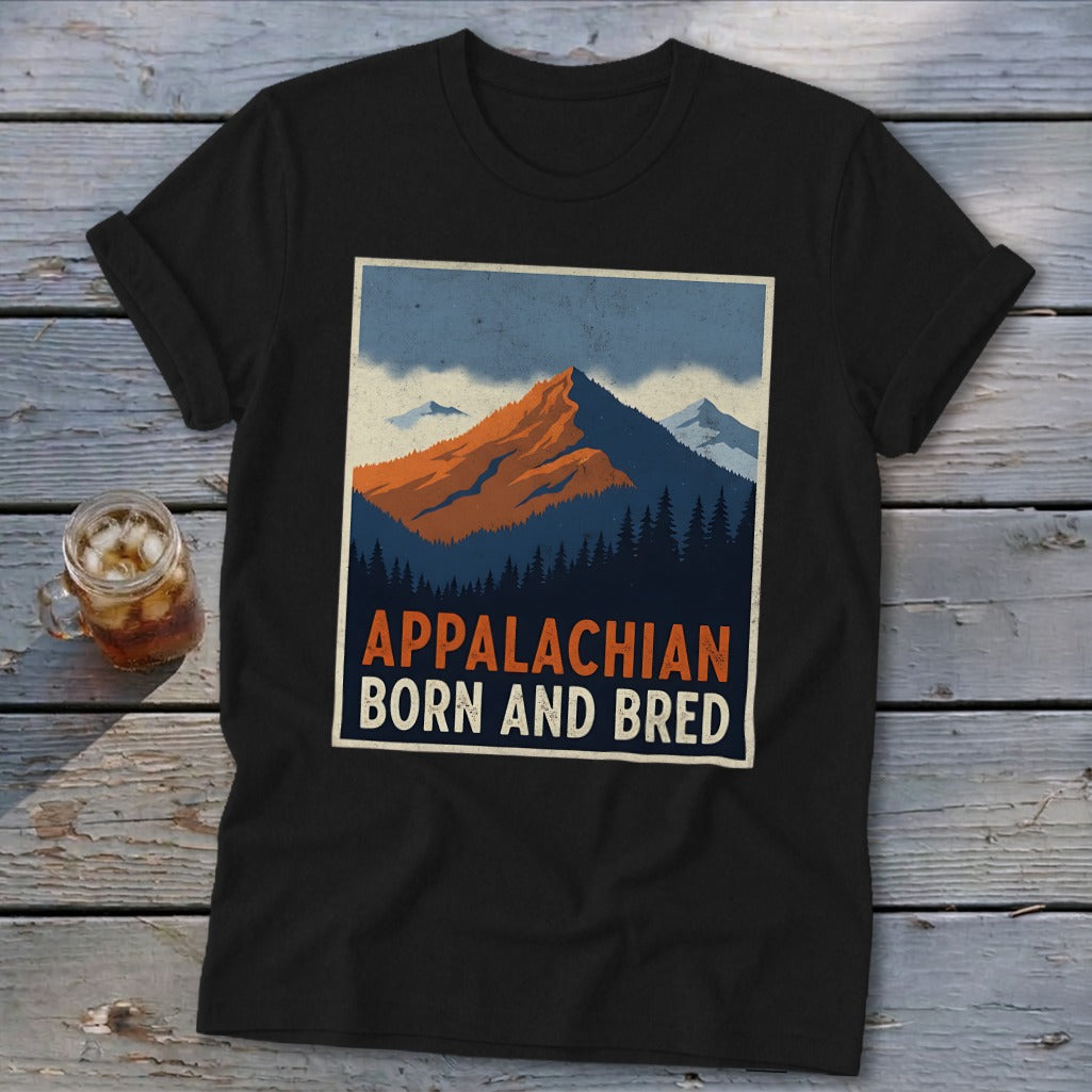 A black t-shirt featuring a retro mountain graphic with the text "Appalachian Born and Bred."