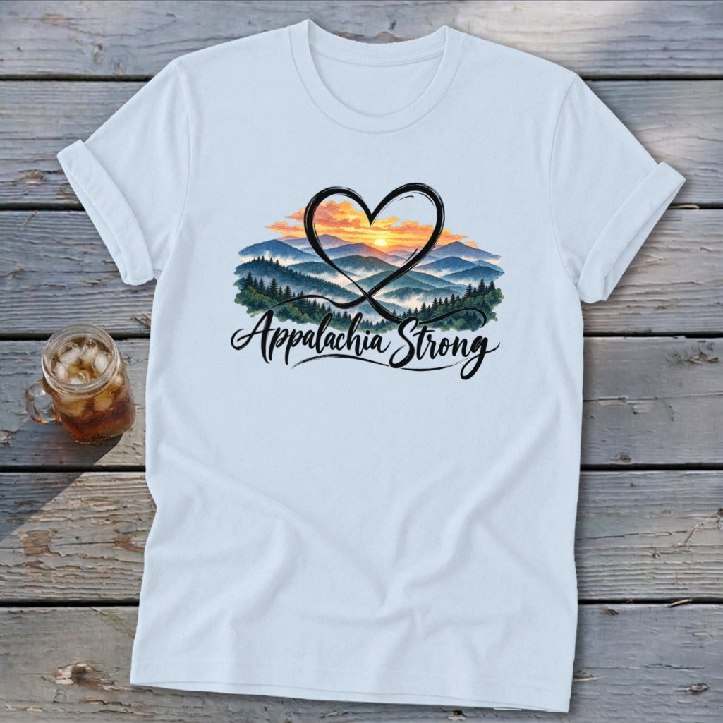 Light blue t-shirt with "Appalachia Strong" text and a heart outline over a mountain landscape.