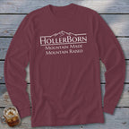 Maroon long sleeve shirt with white text "HollerBorn Mountain Made Mountain Raised".