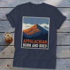 Dark blue t-shirt featuring a retro mountain graphic with the text Appalachian Born and Bred.