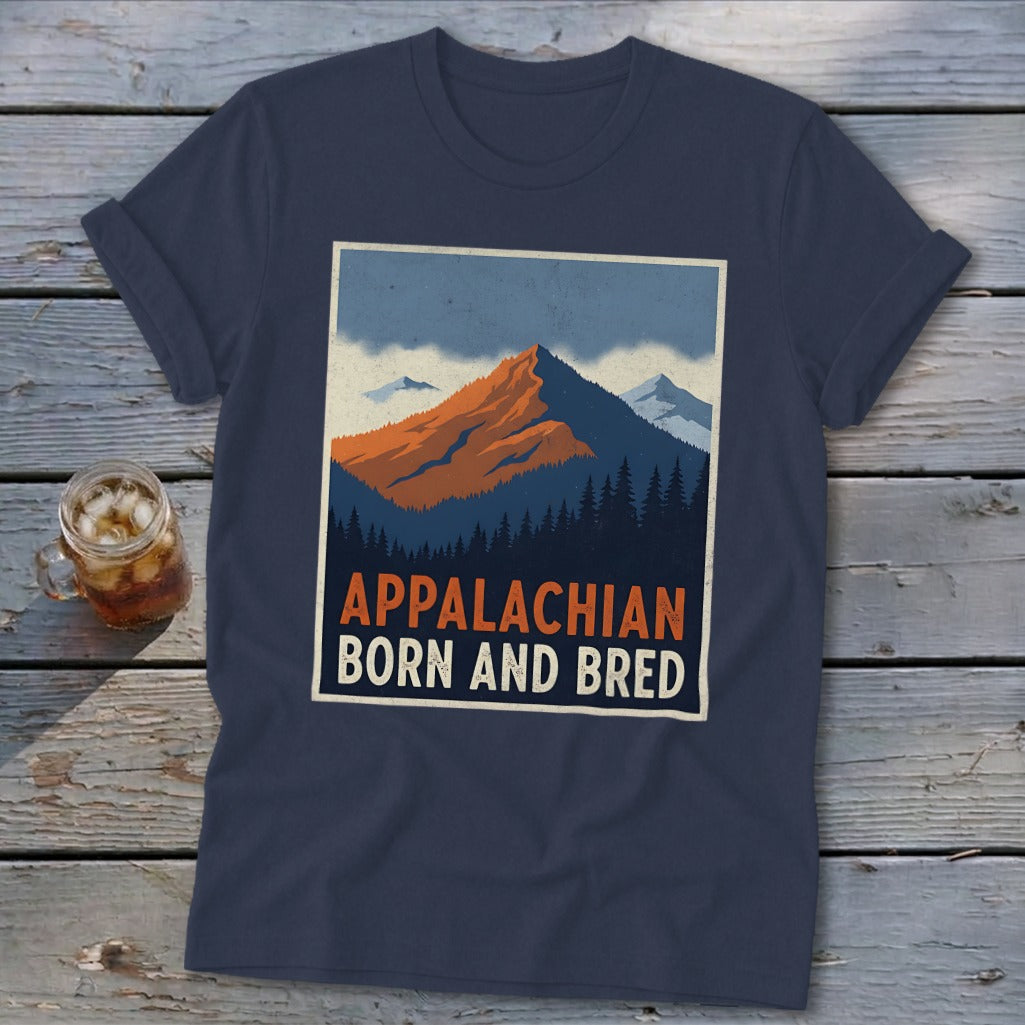 Dark blue t-shirt featuring a retro mountain graphic with the text Appalachian Born and Bred.