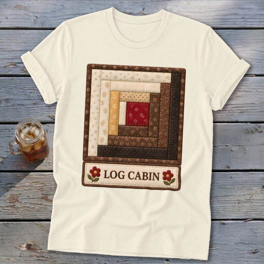 Cream t-shirt with a log cabin quilt block design and "LOG CABIN" text.