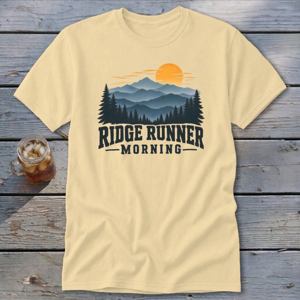 Cream t-shirt with mountain sunrise graphic and "Ridge Runner Morning" text.