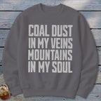 Dark gray crewneck sweatshirt with distressed white text reading COAL DUST IN MY VEINS MOUNTAINS IN MY SOUL.