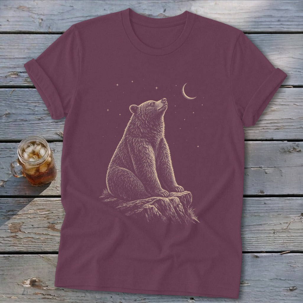 Bear sitting on rock, looking up at crescent moon and stars on dark background.