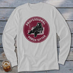 Light grey long-sleeve crewneck shirt with a maroon circular graphic of a bear sitting on a porch swing and the text "Professional Porch Sitter."