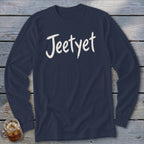 Navy long-sleeve t-shirt with white "Jeetyet" text.