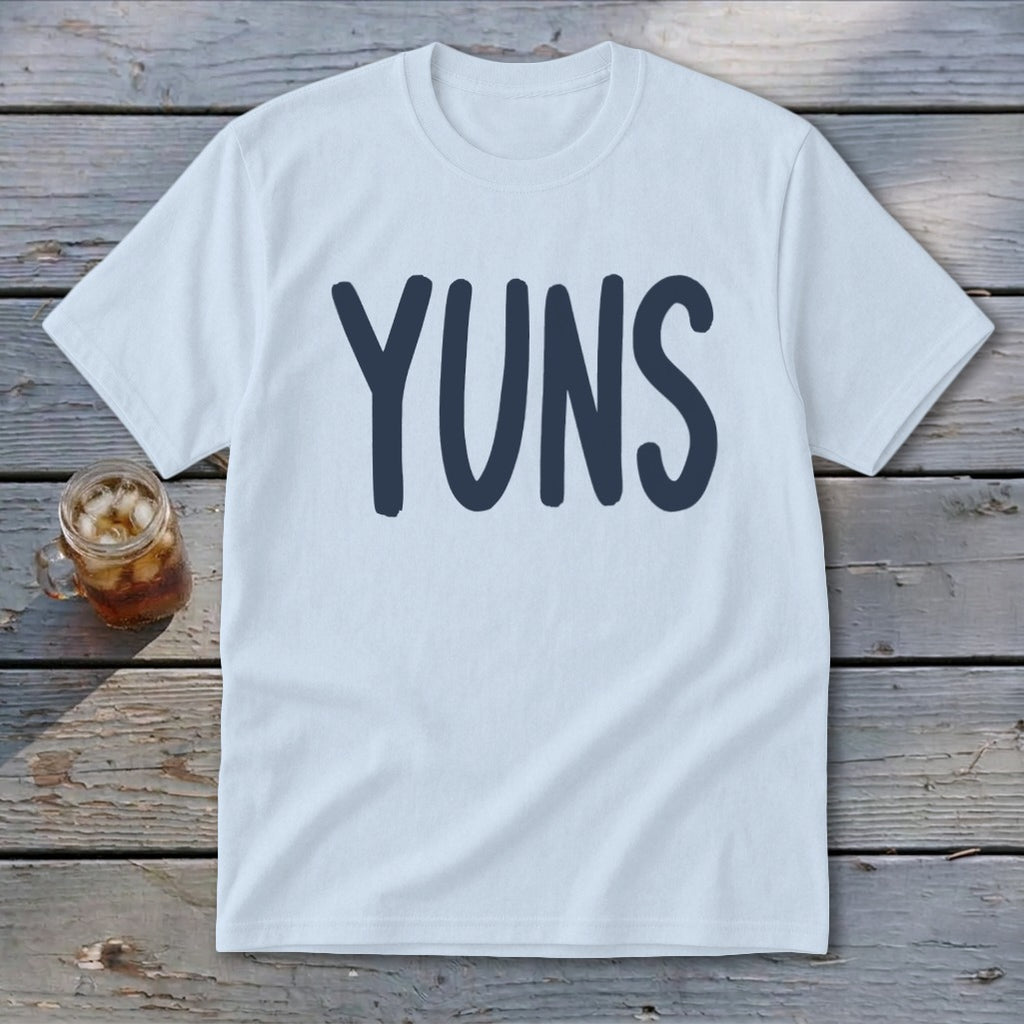 Light blue t-shirt with navy blue text that says "YUNS".