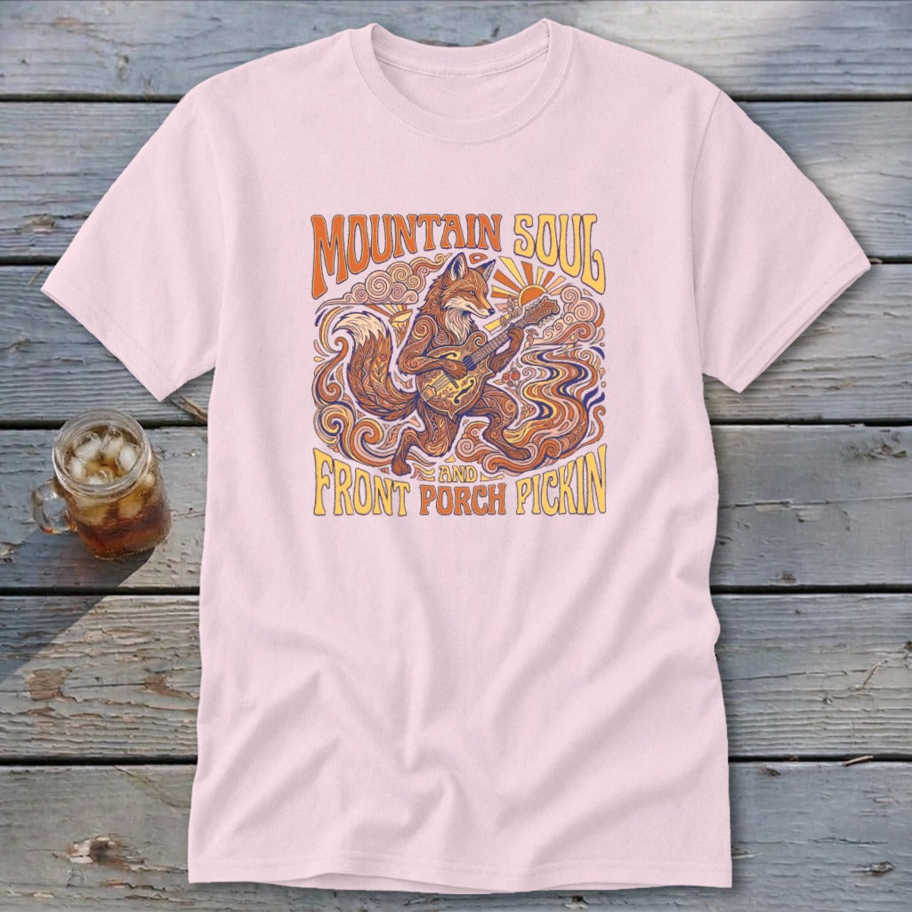 Pink t-shirt with a fox playing a guitar, text "Mountain Soul and Front Porch Pickin'".