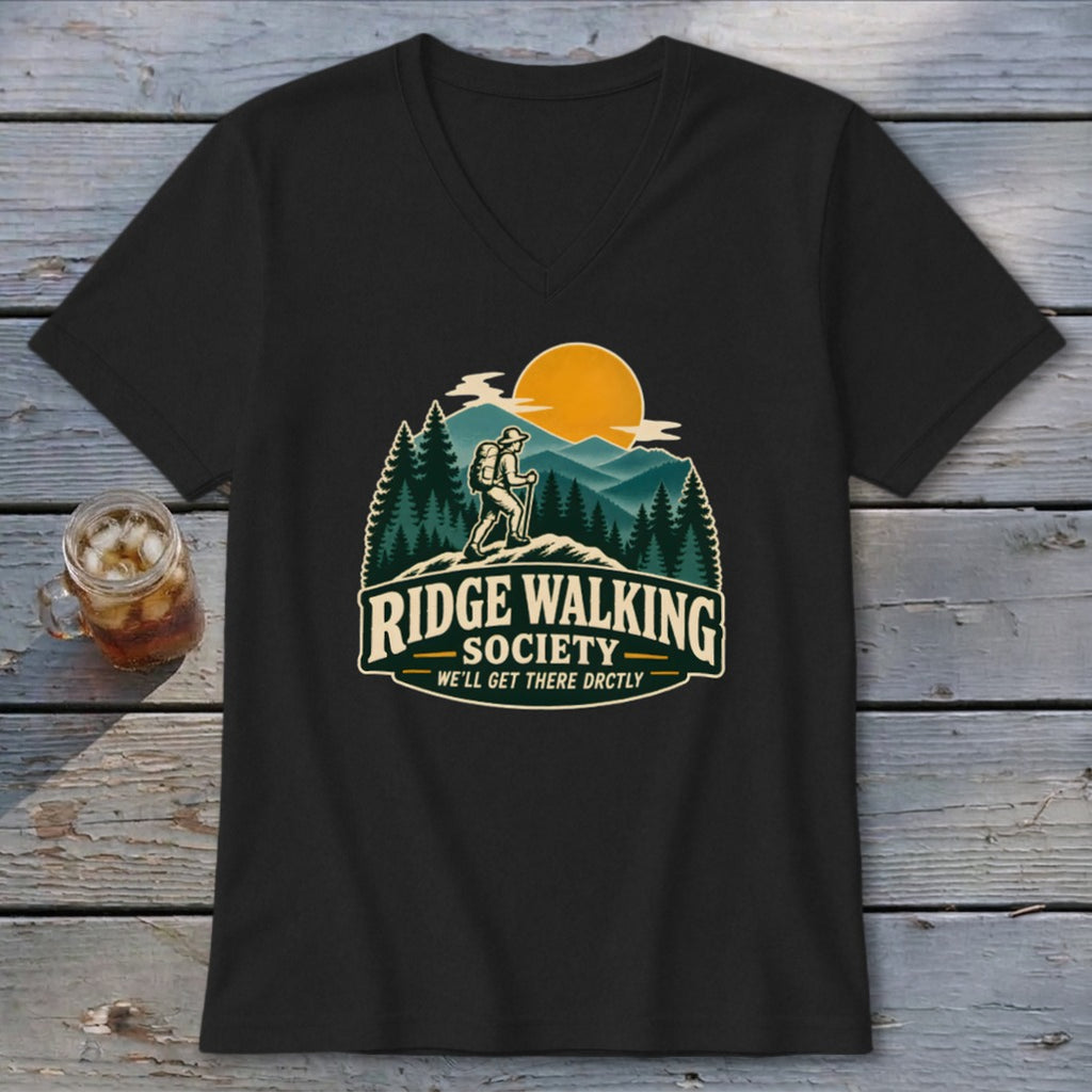 Black t-shirt with Ridge Walking Society graphic, featuring a hiker and mountains.