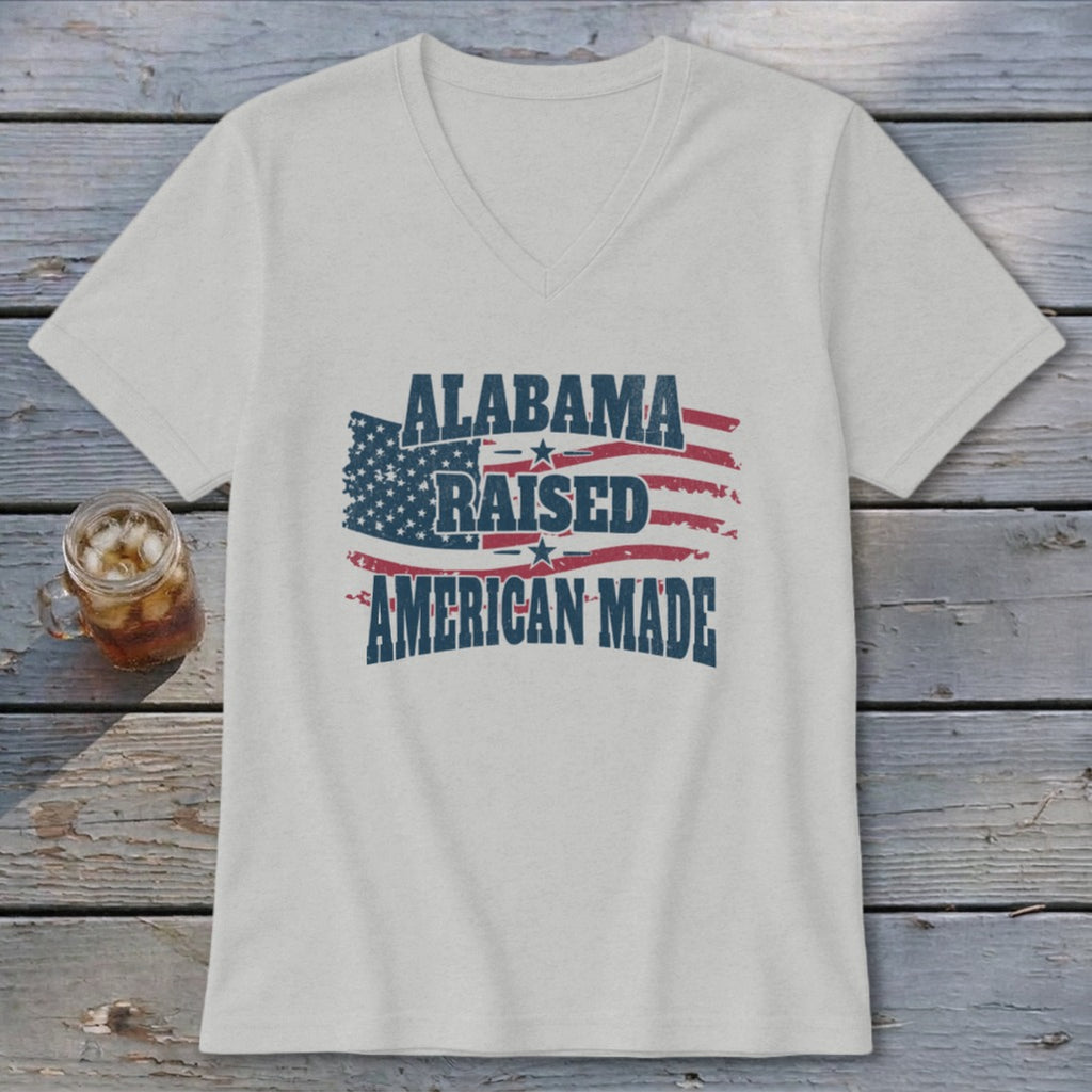 T-shirt with "Alabama Raised American Made" text and distressed US flag graphic.