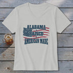 T-shirt with "Alabama Raised American Made" text and distressed US flag graphic.