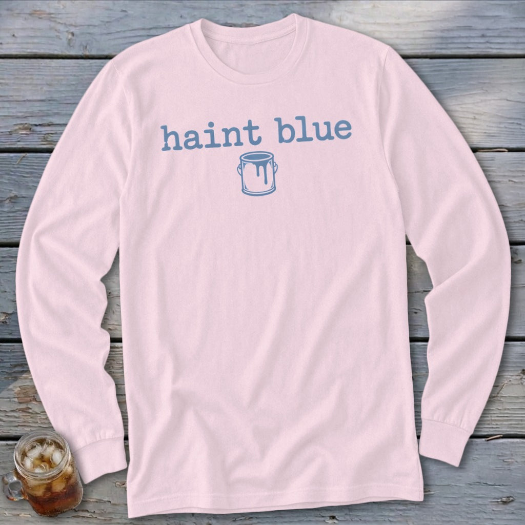 Pink long-sleeved shirt with "haint blue" text and a dripping paint can graphic.
