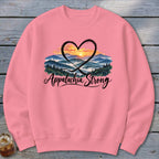 Pink sweatshirt with heart, mountains, sunset, and "Appalachia Strong" text.