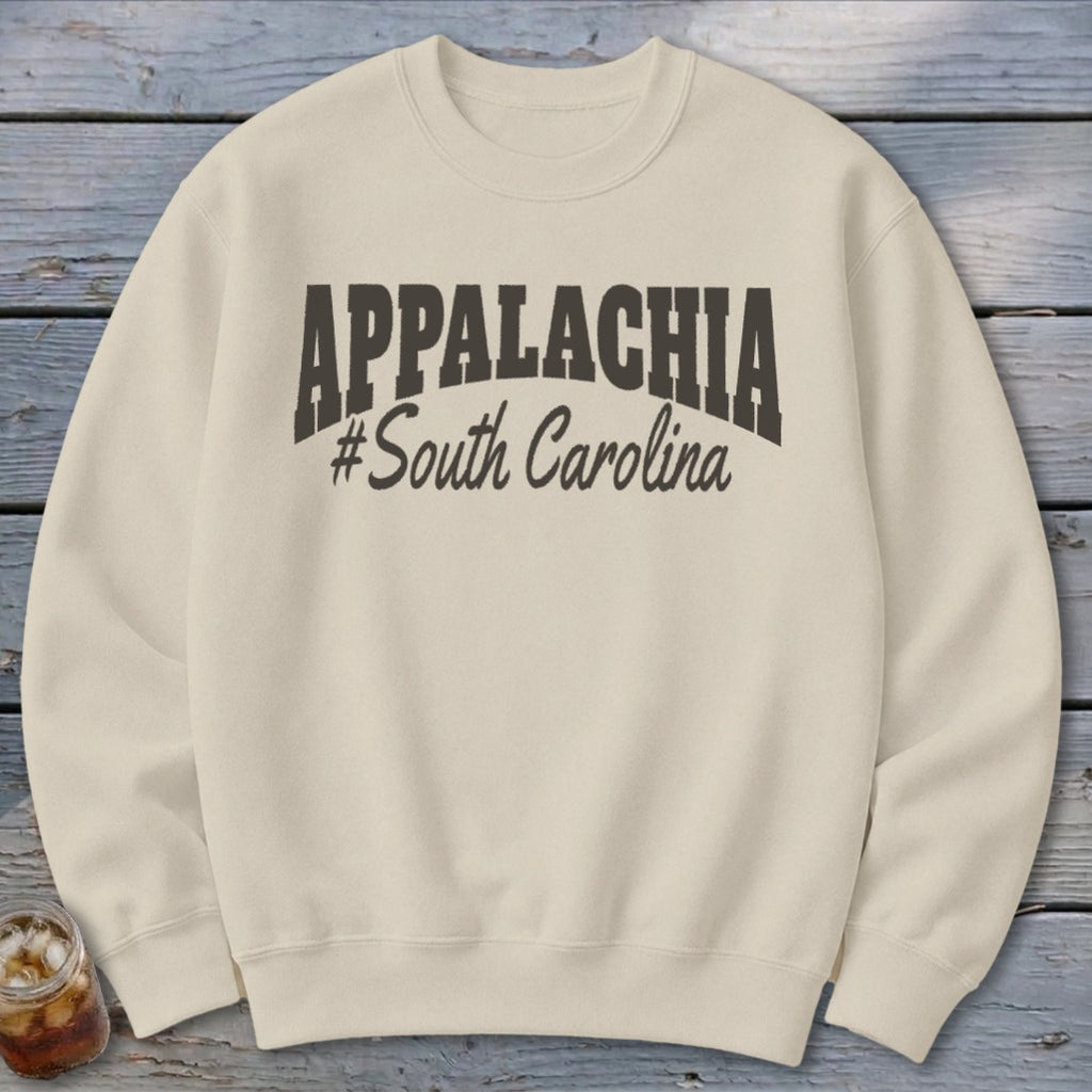 Cream sweatshirt with "APPALACHIA #South Carolina" text design.