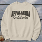 Cream sweatshirt with "APPALACHIA #South Carolina" text design.