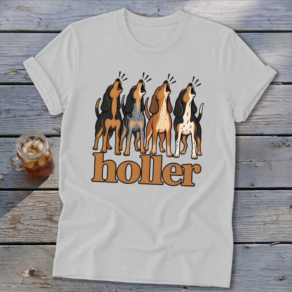 White t-shirt with cartoon hounds howling and the word "holler"