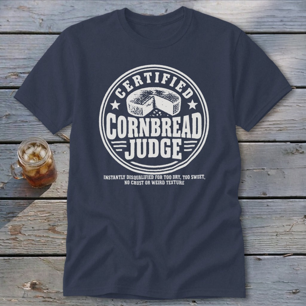 Dark blue t-shirt featuring a circular white graphic that reads CERTIFIED CORNBREAD JUDGE with cornbread illustration.