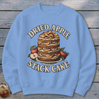 Light blue sweatshirt with "Dried Apple Stack Cake" text and cake illustration.
