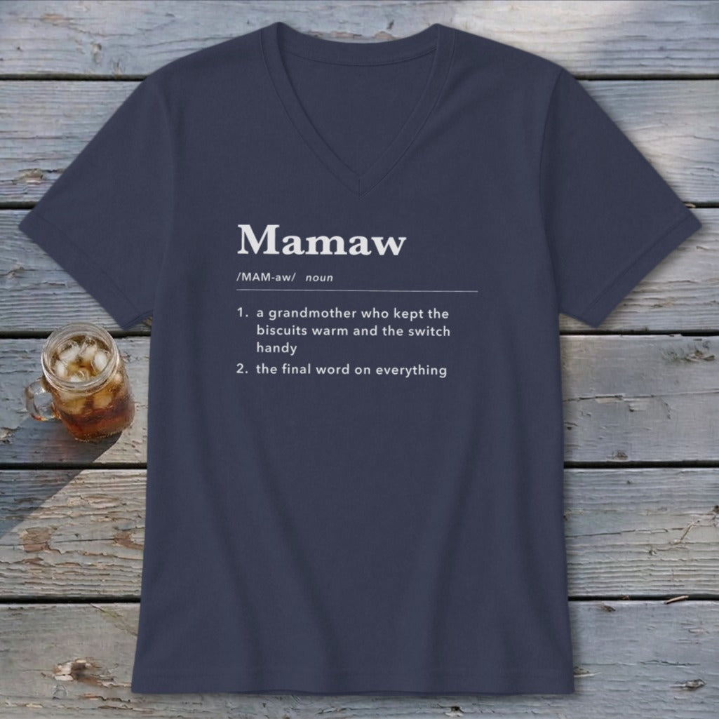 Navy v-neck t-shirt with "Mamaw" definition printed on it.