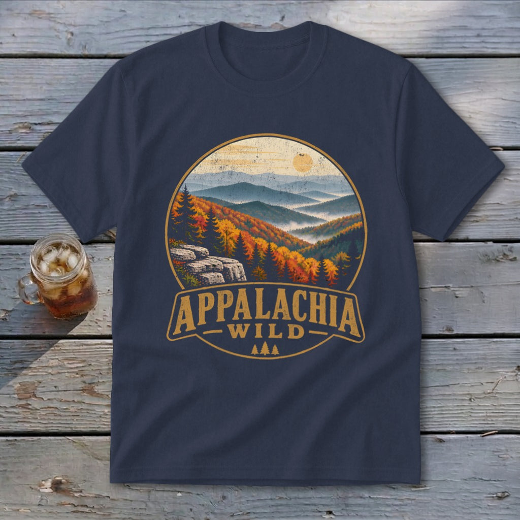 Navy t-shirt with a circular graphic of autumn mountains, trees, and text "APPALACHIA WILD".