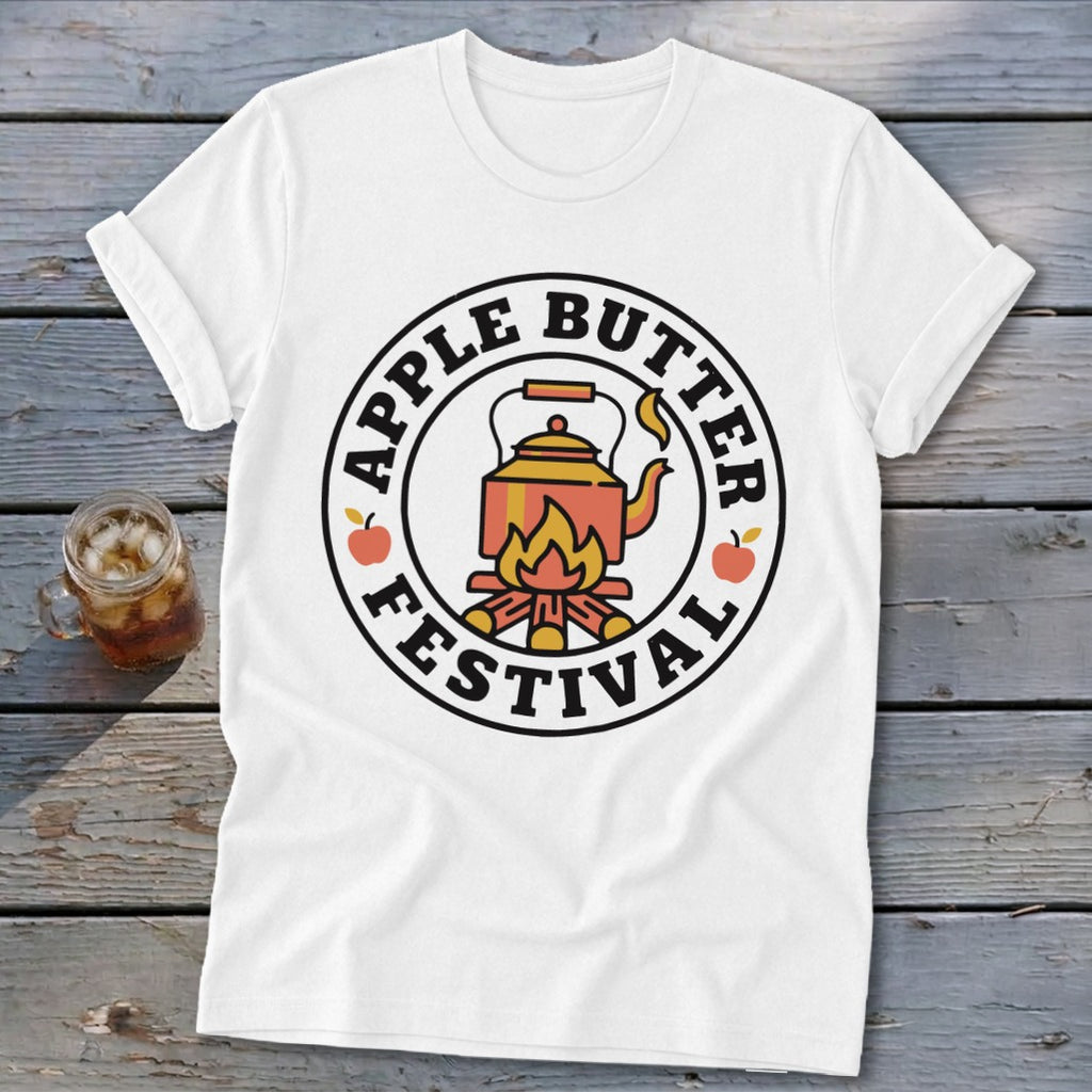 White t-shirt with "Apple Butter Festival" circular logo featuring a kettle over a fire.