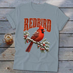 Gray t-shirt featuring a graphic of a red cardinal on a snowy branch with the text "REDBIRD".
