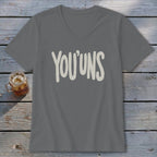 Gray v-neck t-shirt with "YOU'UNS" text and a glass of iced tea.