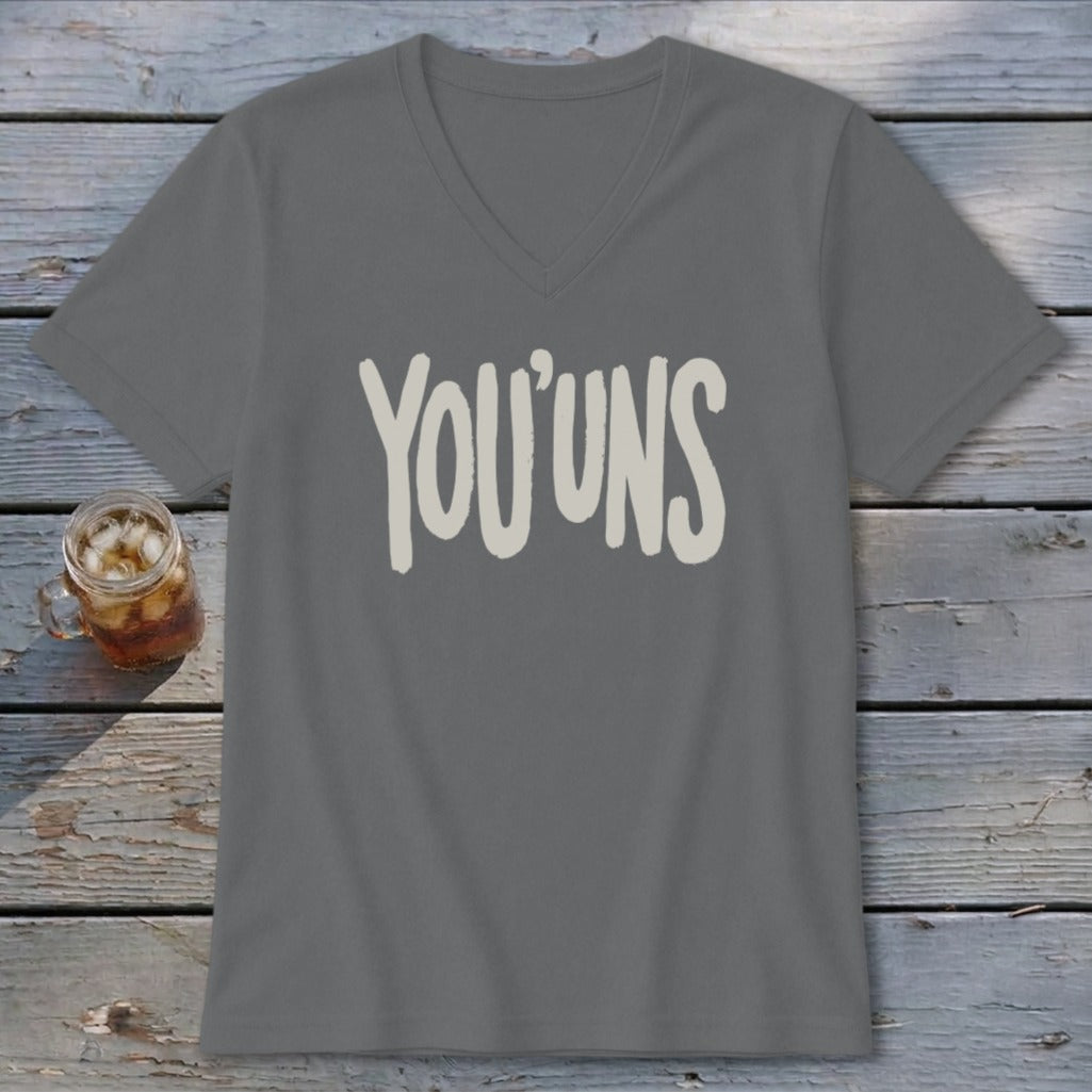 Gray v-neck t-shirt with "YOU'UNS" text and a glass of iced tea.