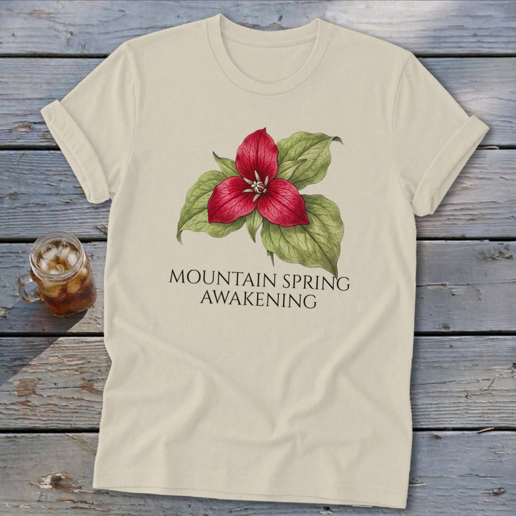 Cream t-shirt with red trillium flower graphic and text "MOUNTAIN SPRING AWAKENING".