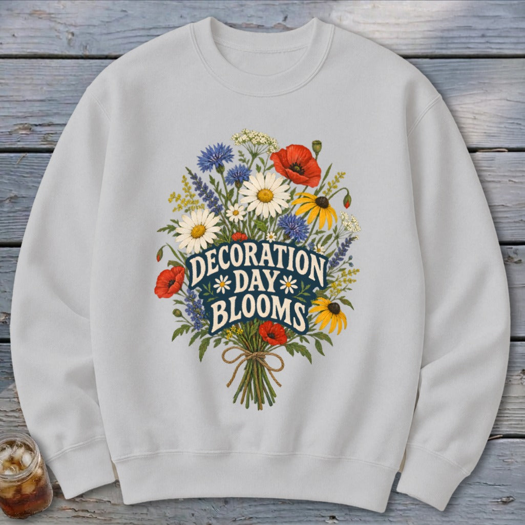 Light grey sweatshirt with "Decoration Day Blooms" text over a bouquet of wildflowers.