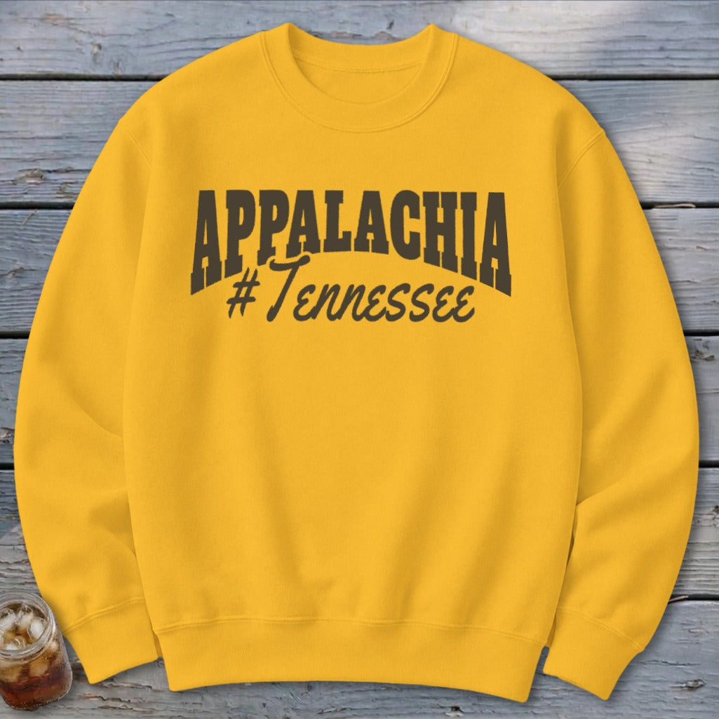 Yellow sweatshirt with "APPALACHIA #Tennessee" printed in dark text.