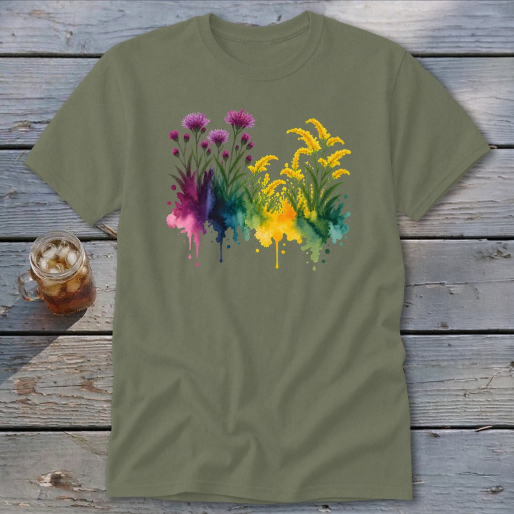 Olive green t-shirt with watercolor wildflowers and colorful paint drips.