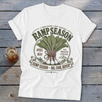 White t-shirt with "Ramp Season" graphic featuring ramps, text, and mountains.