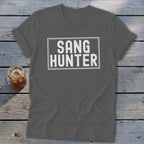 Dark gray t-shirt with "SANG HUNTER" text in a white rectangular box.
