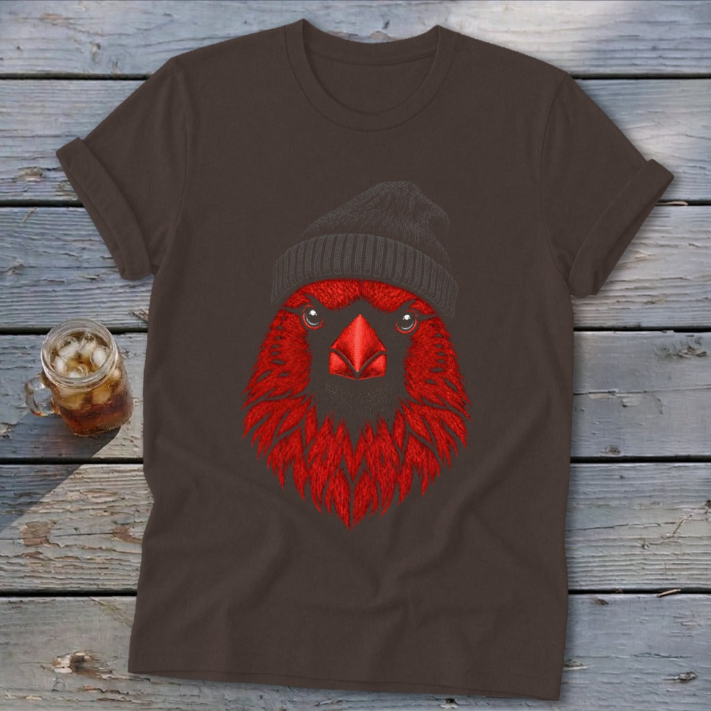 Brown t-shirt with embroidered red cardinal wearing a black beanie.
