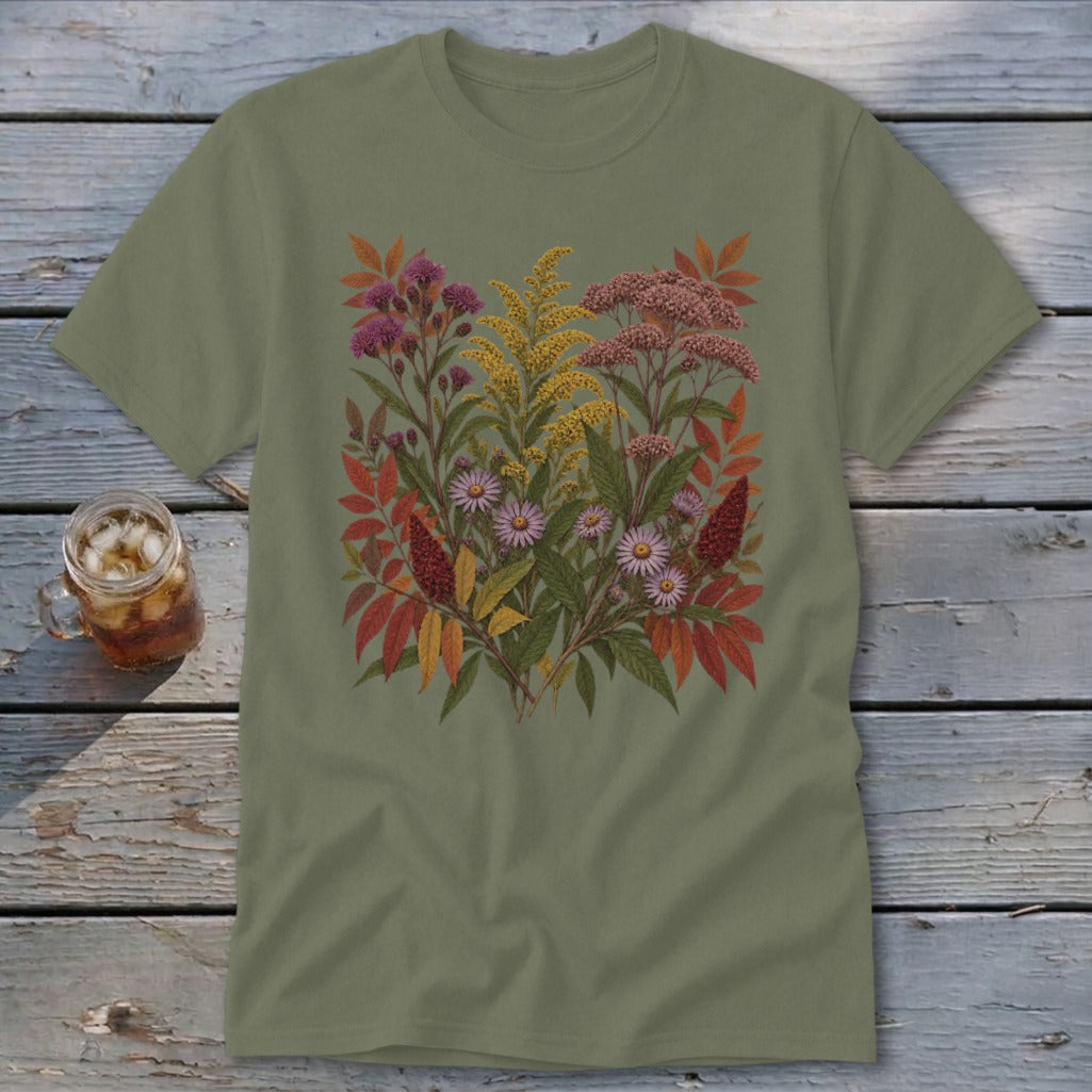 Olive green t-shirt with a botanical illustration of wildflowers and autumn leaves.
