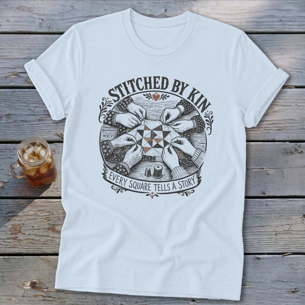 T-shirt with "Stitched by Kin. Every Square Tells a Story" graphic.