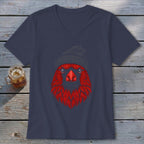 Red cardinal with beanie graphic on a navy blue v-neck t-shirt.