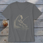 Bear fishing with a rod and reel graphic on a grey v-neck t-shirt.