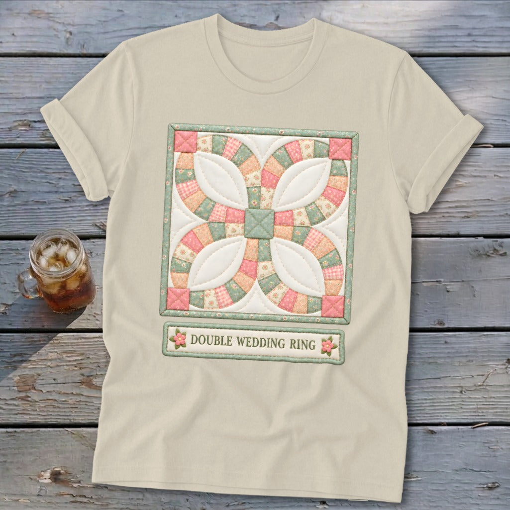 Light tan t-shirt with a Double Wedding Ring quilt design and text.