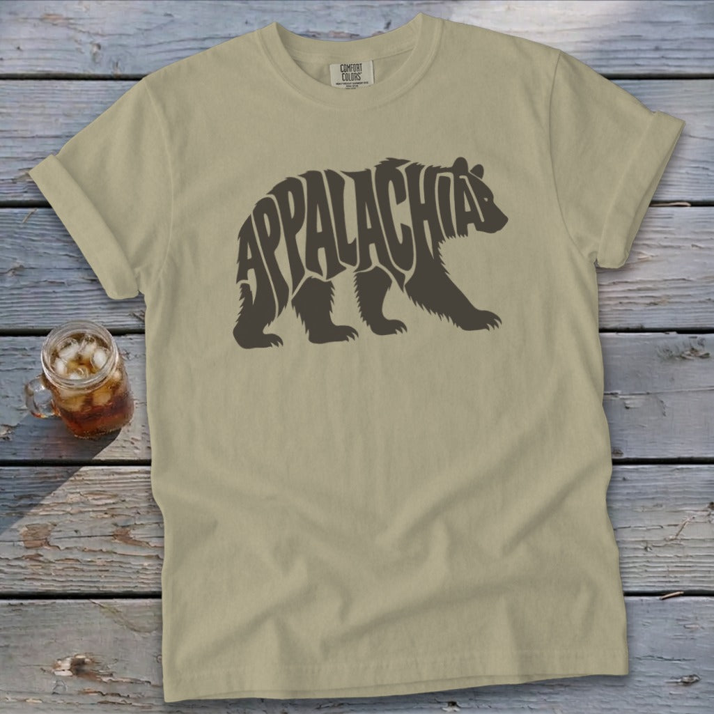 Olive green t-shirt featuring a walking bear graphic with the word Appalachia inside its body.