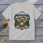 White t-shirt with graphic "Always Leave the Light On Come On In".
