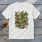 White t-shirt featuring a detailed botanical print of holly, pine branches, and berries.