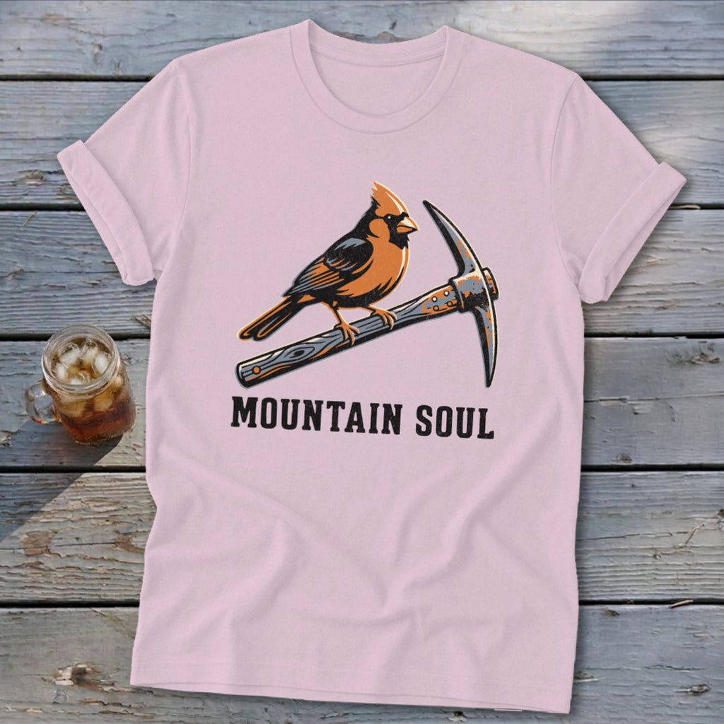Pink t-shirt with cardinal on pickaxe and text "MOUNTAIN SOUL".
