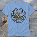 Light blue t-shirt with "Holler WiFi" and "No Signal, No Problem" text and mountain graphic.